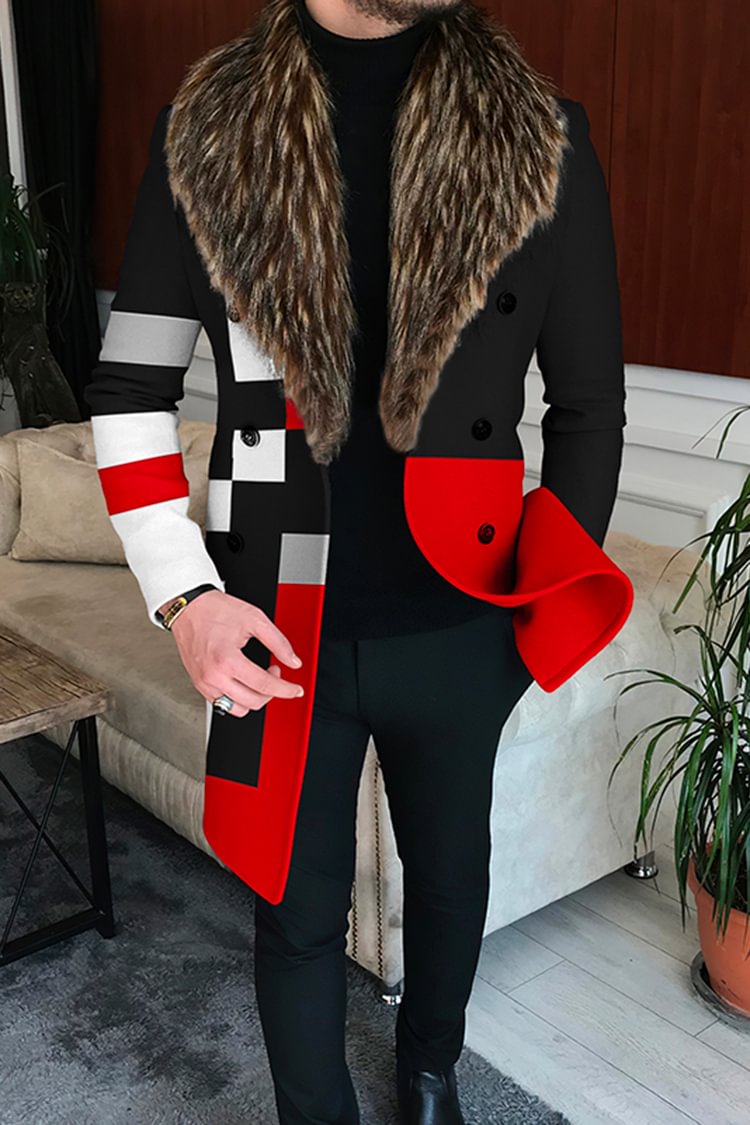 Tiboyz Ombre Fur Collar Geometric Color Block Splicing Mid Length Coat