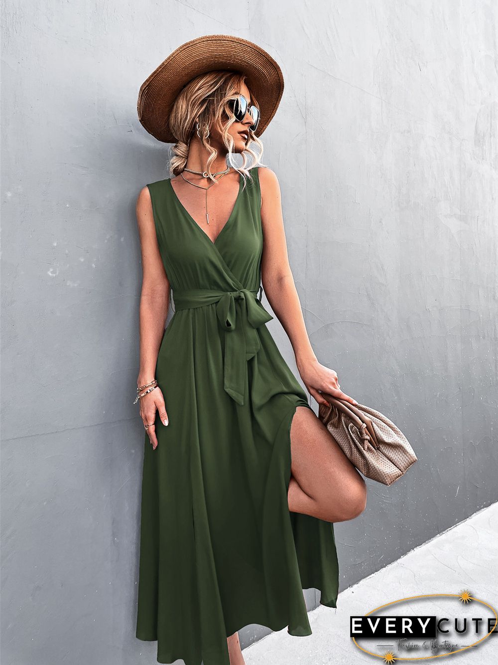 Sexy V-neck Cross Strap Sleeveless Slit Dress Black Dresses