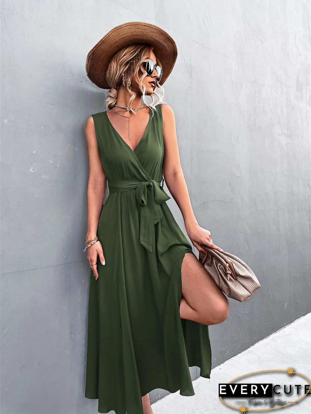 Sexy V-neck Cross Strap Sleeveless Slit Dress Black Dresses