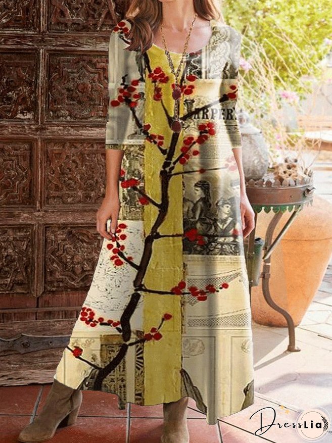 Vintage Print Round Neck Three-Quarter Sleeve Dress