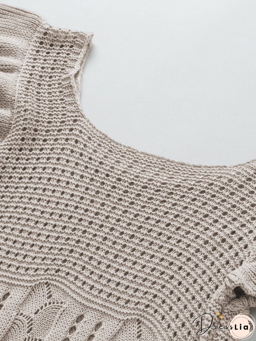 Beige Pointelle Knit Ruffle Sleeve Sweater for Chic Summer Styling