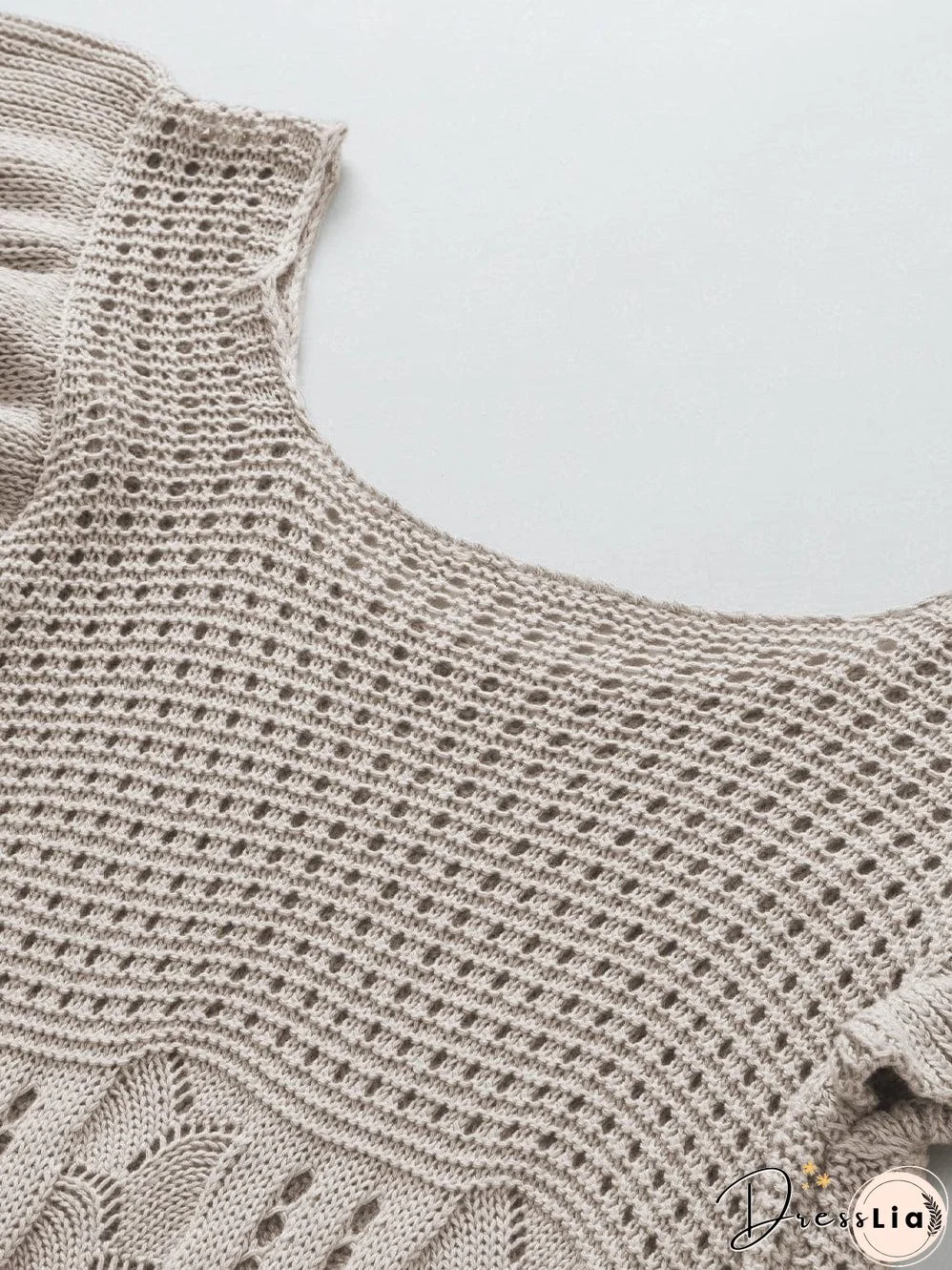 Beige Pointelle Knit Ruffle Sleeve Sweater for Chic Summer Styling