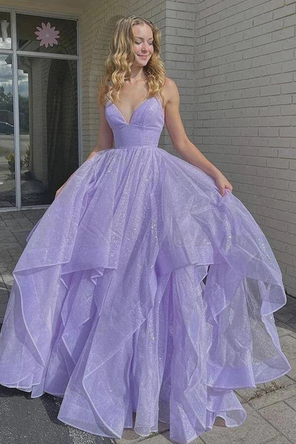 Ovlias Fabulous Purple Spaghetti Strap Glitter Backless Layered Prom Dress LY0552