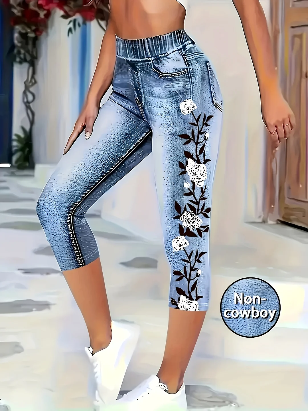 Elegant Floral Print Women's Capri Leggings | Machine Washable 3/4 Length Tight-Fitting Pants For Spring Summer Fall Casual Outfits, Seasonal Fashion, Stylish Capris, Durable Imitation Denim Fabric | IFYHOME