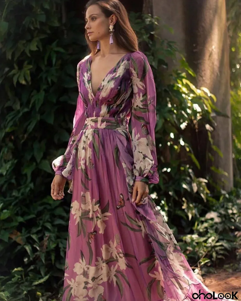 Summer Print V Neck Long Sleeve Women Dress