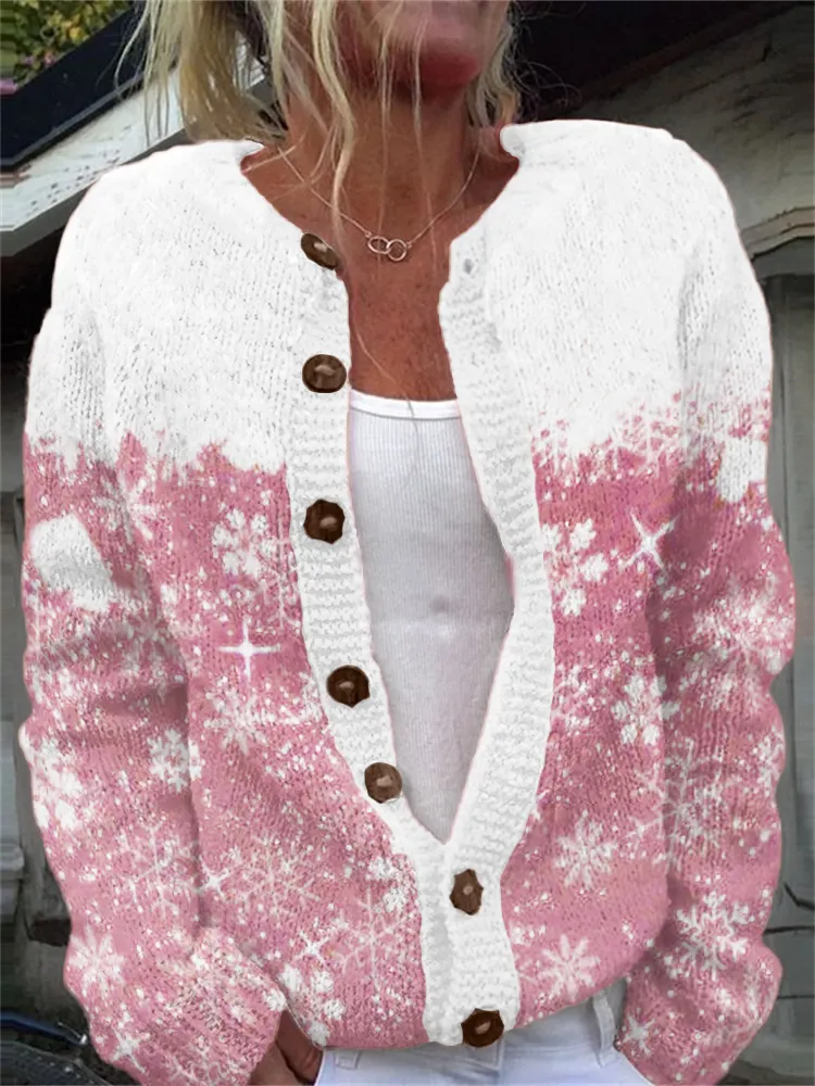 Pink Christmas Snowflakes Contrast Cozy Knit Cardigan