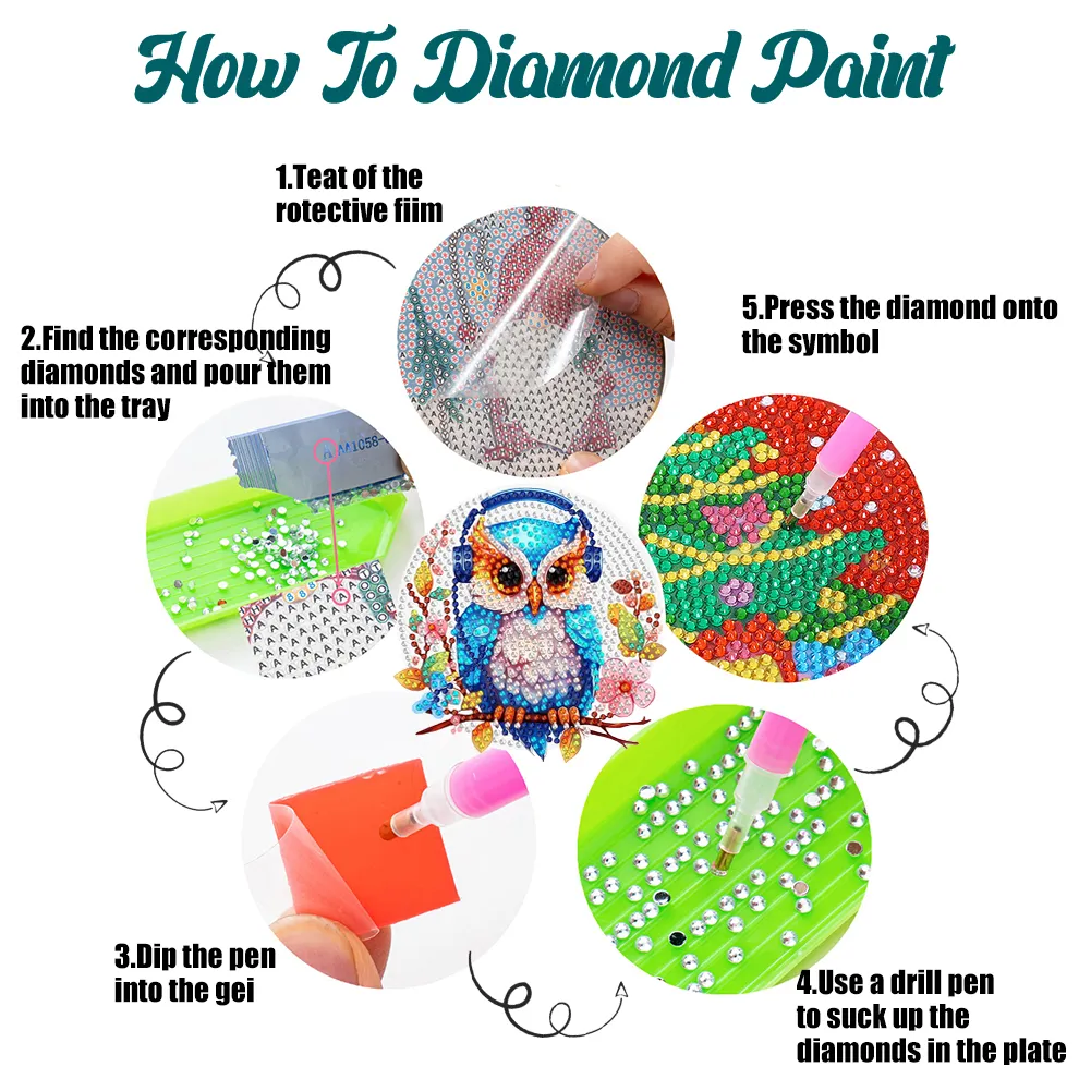 4Pcs Wooden Diamond Painting Placemats Round Diamond Art Table Mats (Owl B)