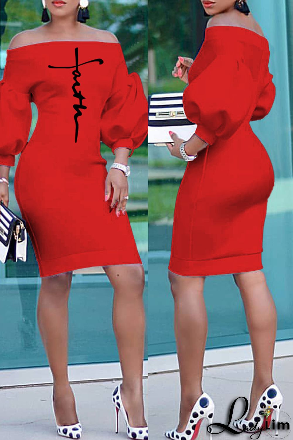 Red Fashion Casual Print Backless Off the Shoulder Dresses