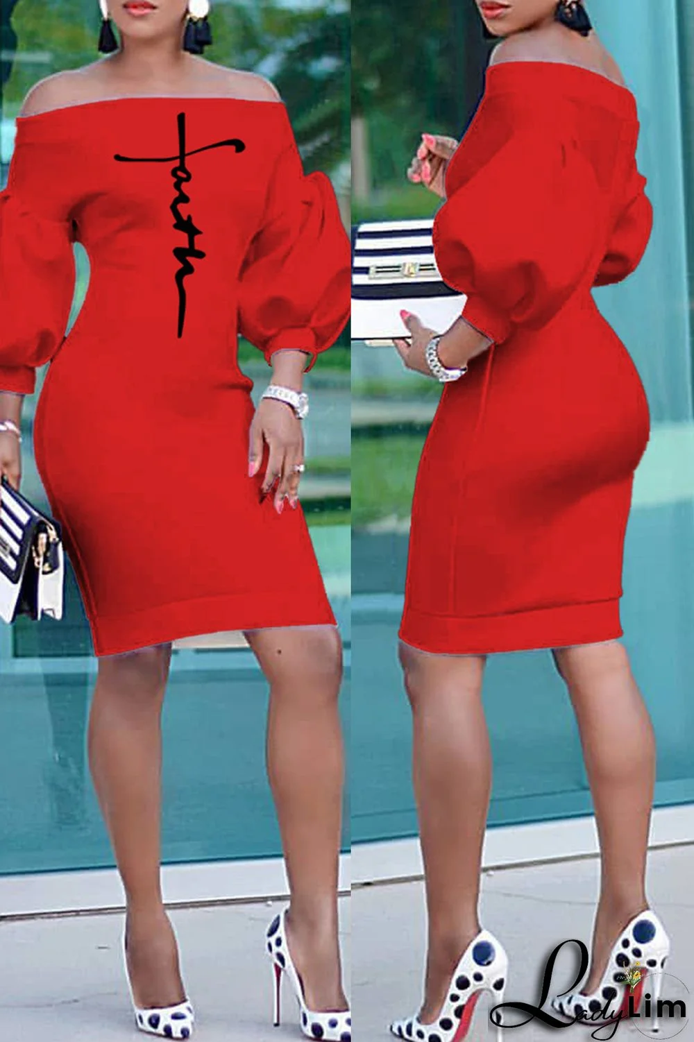 Red Fashion Casual Print Backless Off the Shoulder Dresses