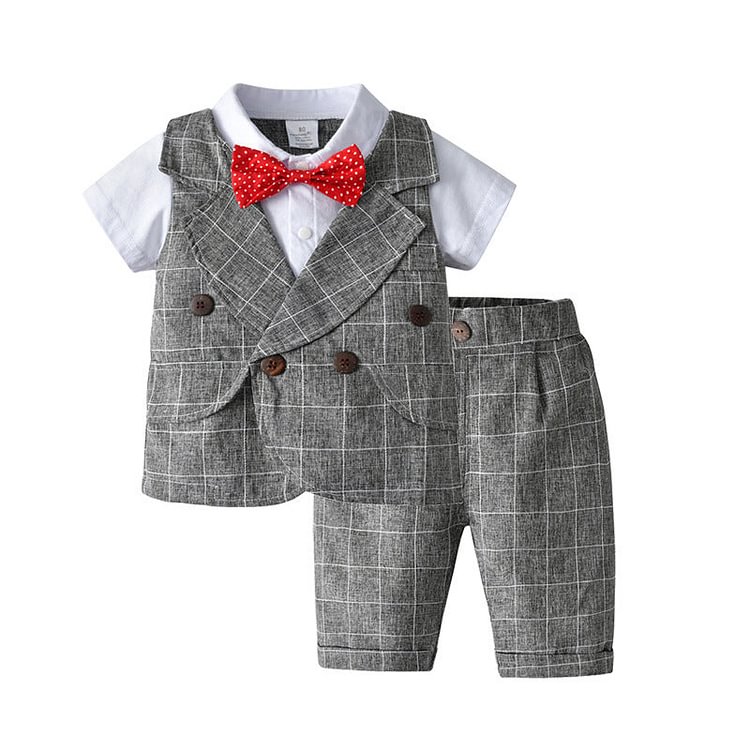 Mayoulove Kid Baby Boy Suit Summer Checked Gentleman Short Sleeve 2 Pcs Set-Mayoulove