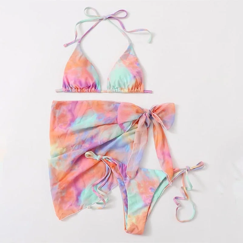 Peachtan Tie dye bikini 2021 Skirted swimsuit women High cut 3 piece suit halter swimwear female Triangle bathing suit Backless