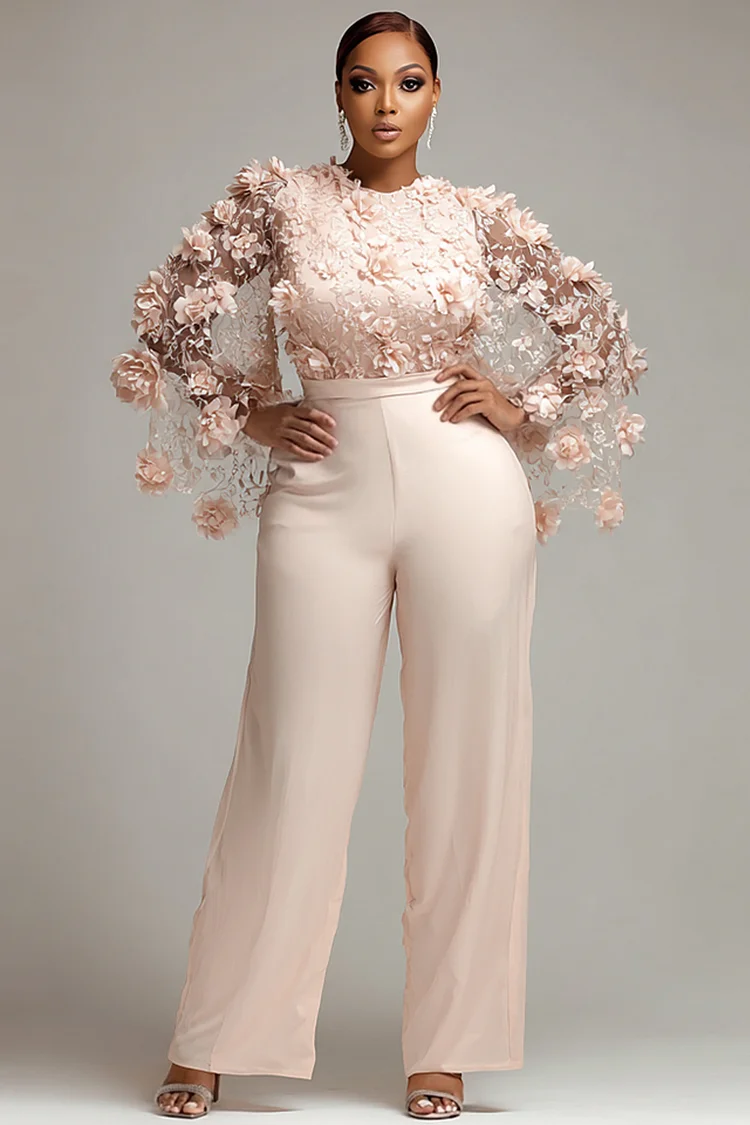 Xpluswear Design Plus Size Cocktail Party Beige Round Neck Flare Long Sleeve 3D See Through Jumpsuits [Pre-Order] 2024 - Xpluswear