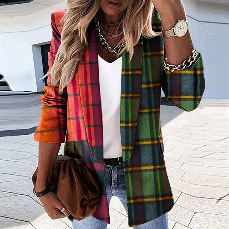 Stylish Contrasting Check Print Casual Blazer