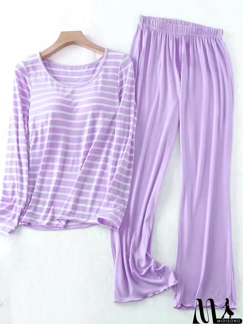 MidiSono - Women's Loungewear Sets 2 Pieces Stripe Fashion Casual Comfort Street Daily Date Polyester Breathable Crew Neck Long Sleeve Pant Summer Spring Black Pink