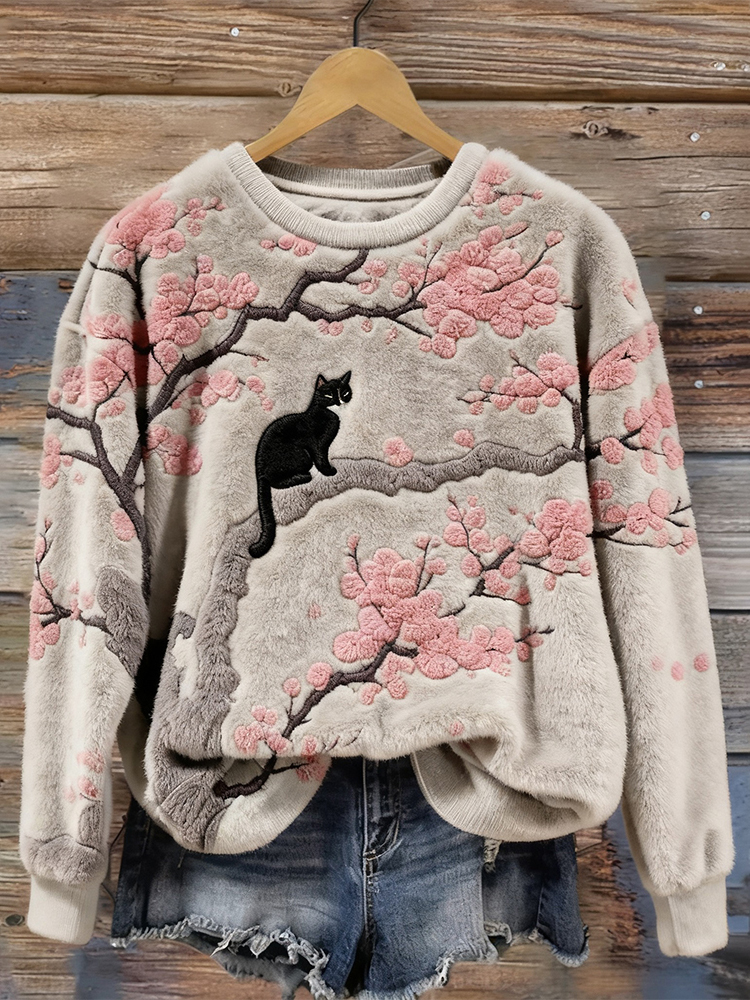 Cute Cat & Cherry Blossom Embroidered Plush Sweatshirt elevenforest