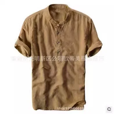 Brownm Brownm Summer Travel Holiday Men's Leisure Simple Small Fresh Linen Shirt Thin Solid Color Short-Sleeved Leisure T-Shirt