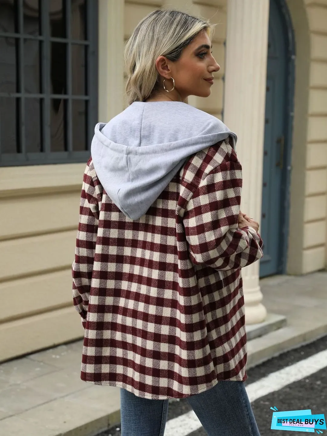 Drawstring Plaid Long Sleeve Hooded Jacket