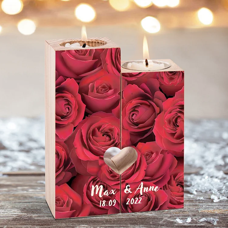 Candelero de rosas para pareja de madera de dos piezas sin candela con nombres personalizados y fecha