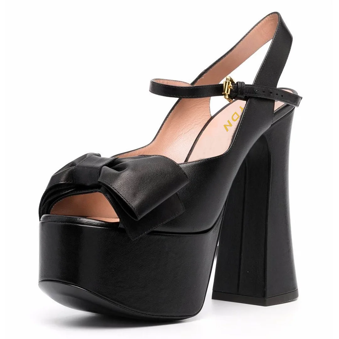 Peep Toe Chunky Heel Bow Slingback Buckle Strap Black Platform Sandals