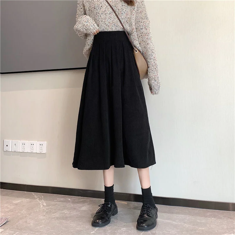 HOUZHOU Vintage Corduroy Long Skirts Women 2021 Autumn Winter Korean Fashion Brown Black Elegant High Waist A-line Midi Skirt