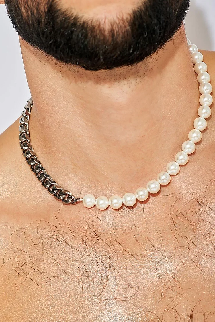 Men's Stainless Steel Chain Pearl Patchwork Choker Necklace