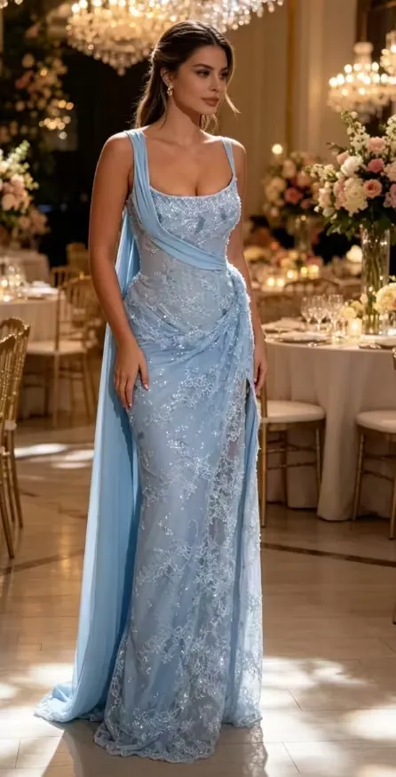 Lussooy Chic Blue Wide Shoulder Strap Lace Sequins Pleated Sleeveless Split Prom Dress 