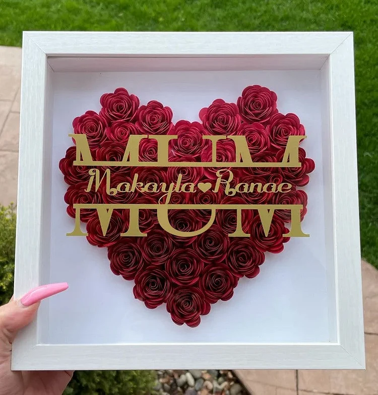 MUM Heart Shaped Monogram Flower Shadow Box Gift For Mothers-Red