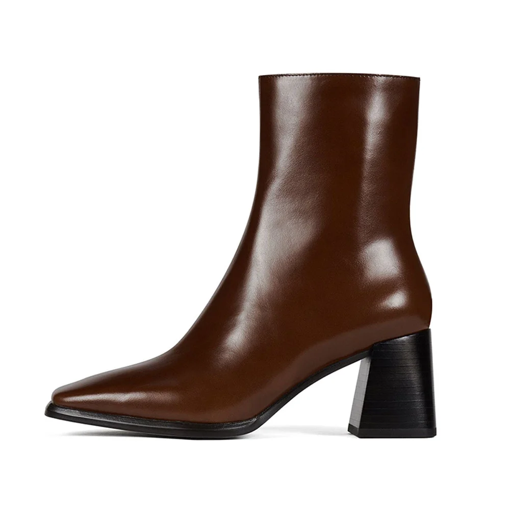 Chocolate Brown Square Toe Side Zipper Block Mid Heel Boots for Women