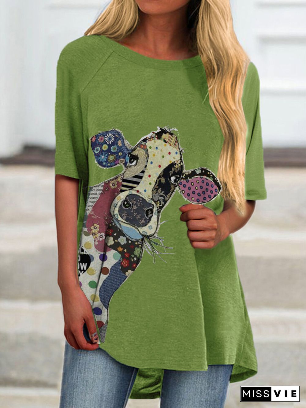 Women Crew Neck Green Casual Knitted Animal T-shirt