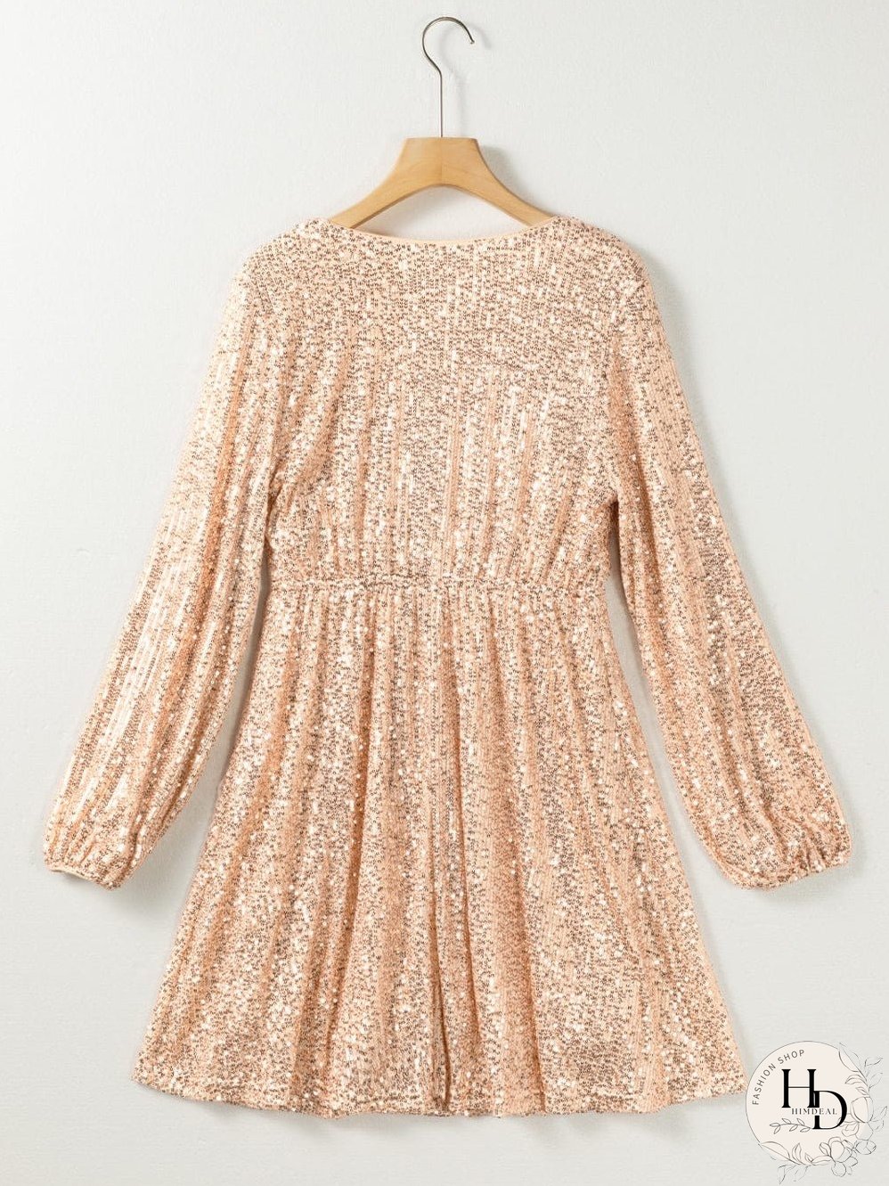 Shimmering Apricot V-neck Sequin Mini Dress