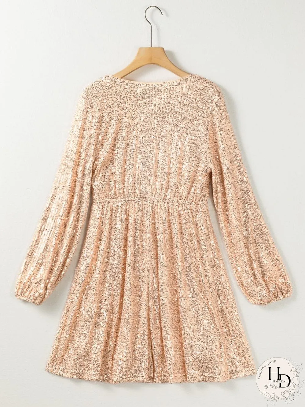 Shimmering Apricot V-neck Sequin Mini Dress