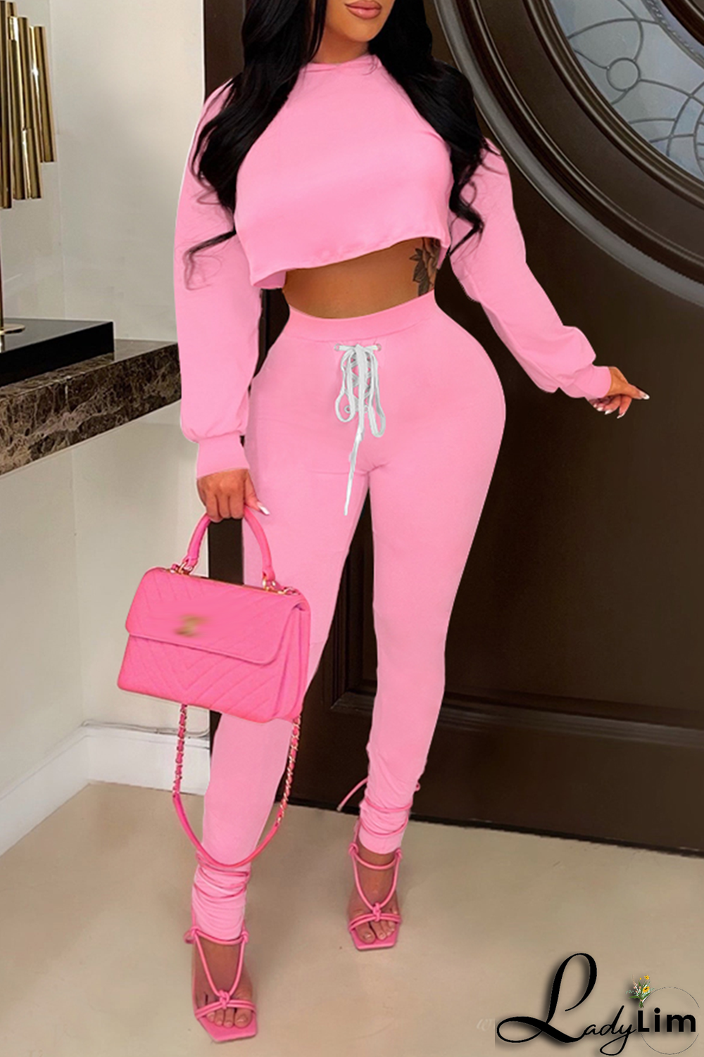 Blue Fashion Solid Patchwork V Neck Long Sleeve Two Pieces