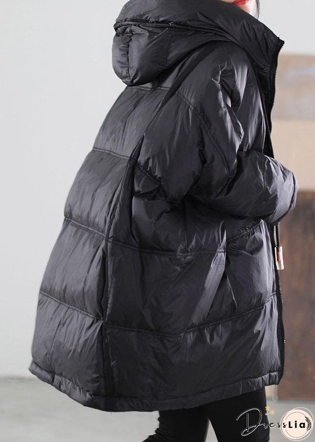Women Black Hooded drawstring Duck Down Down Jacket Winter