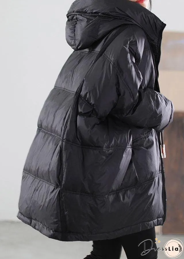 Women Black Hooded drawstring Duck Down Down Jacket Winter