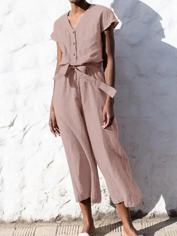 Women's V-neck Casual Buttoned And Tied Up Jumpsuit