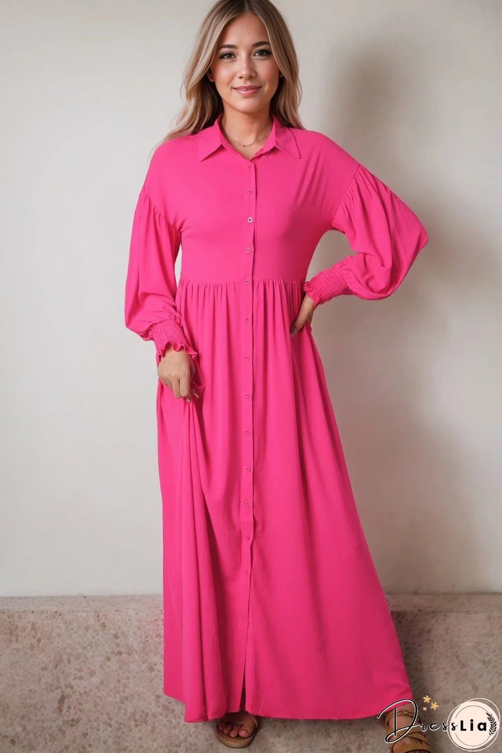 Elegant Rose Balloon Sleeve Maxi Shirt Dress