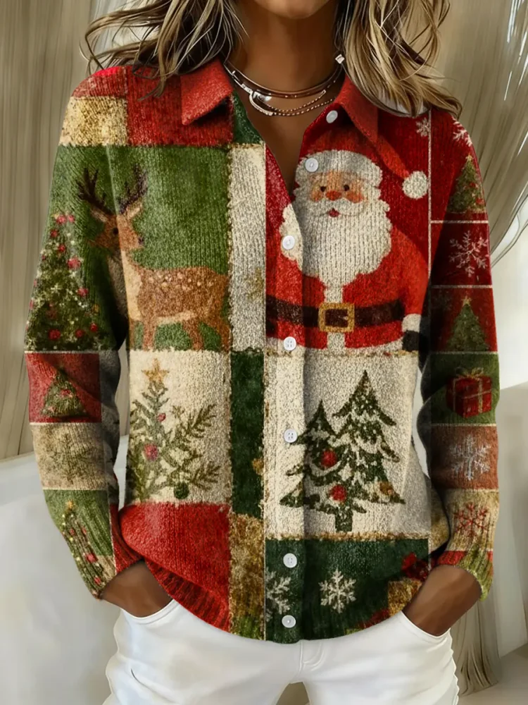 Women's Assembling Christmas Elements Printed Collared Sweater
