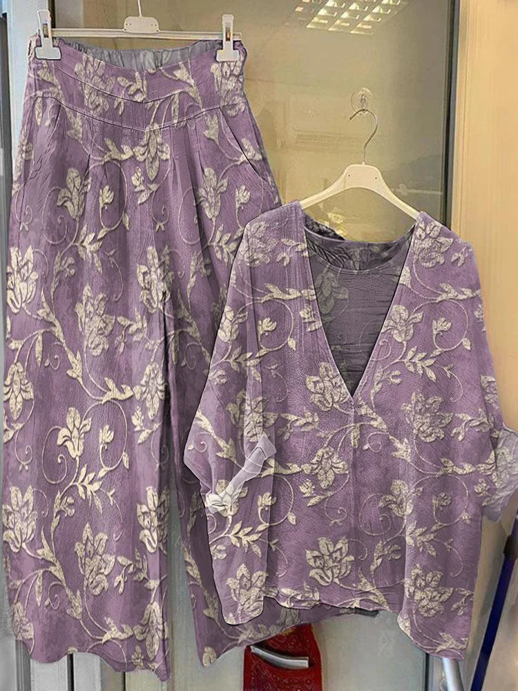 Women's Vintage Folk Art Floral Pattern Print V-Neck Top Wide-Leg Pants Cotton Linen Suit