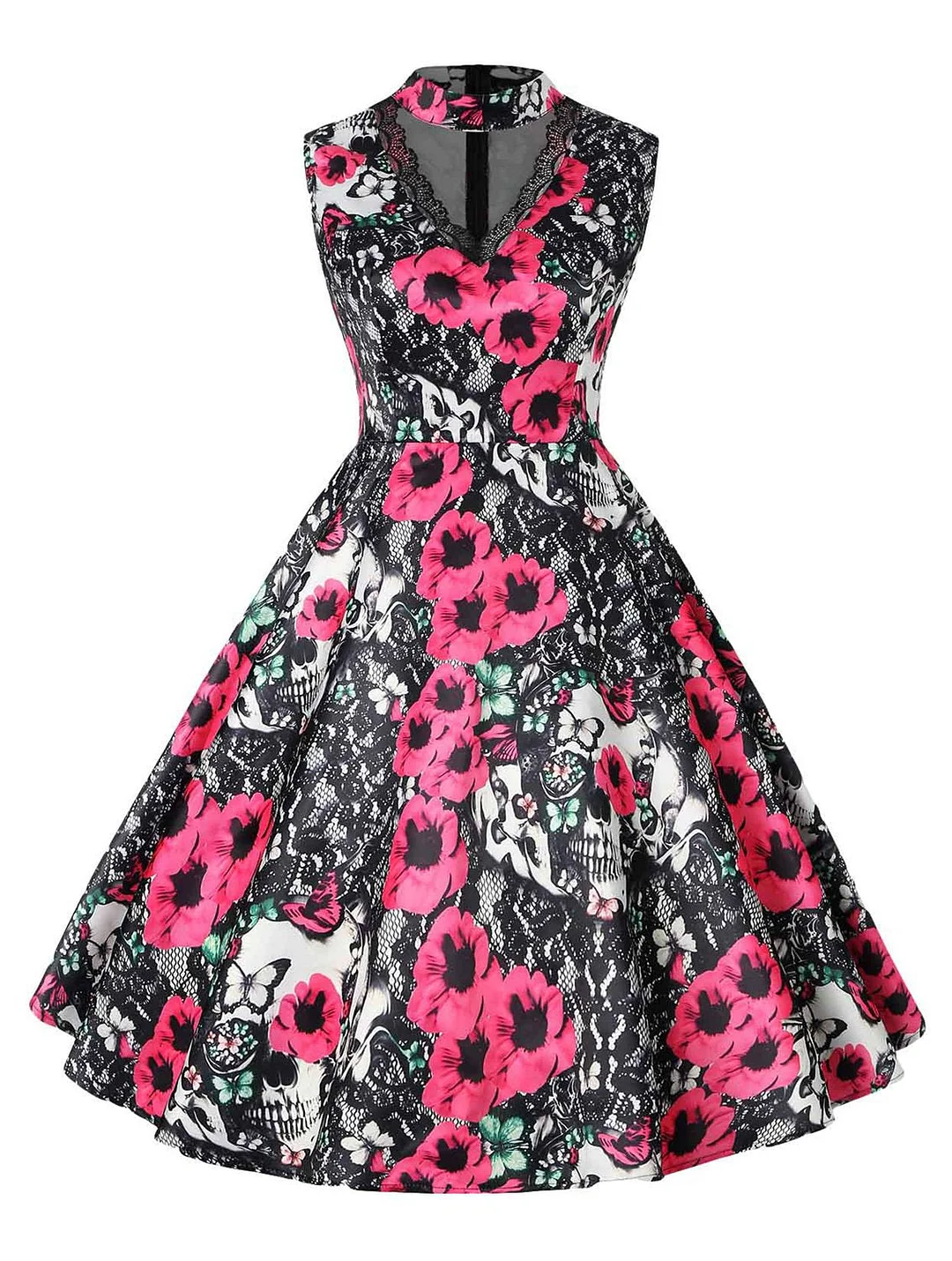 1950s Elegant Floral Hollow Out Sleeveless Midi Dress