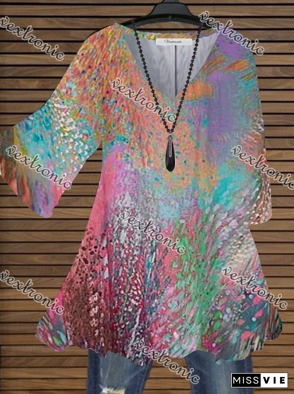 Women Half Sleeve V-neck Gradient Top