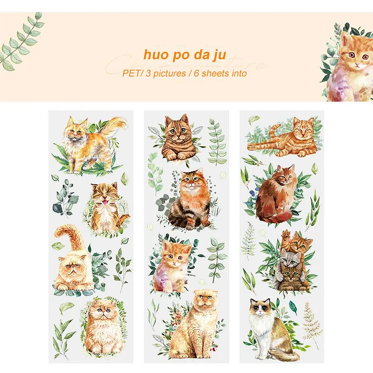 JOURNALSAY 6 Sheets Cute Cat PET Waterproof Sticker Cartoon Journal