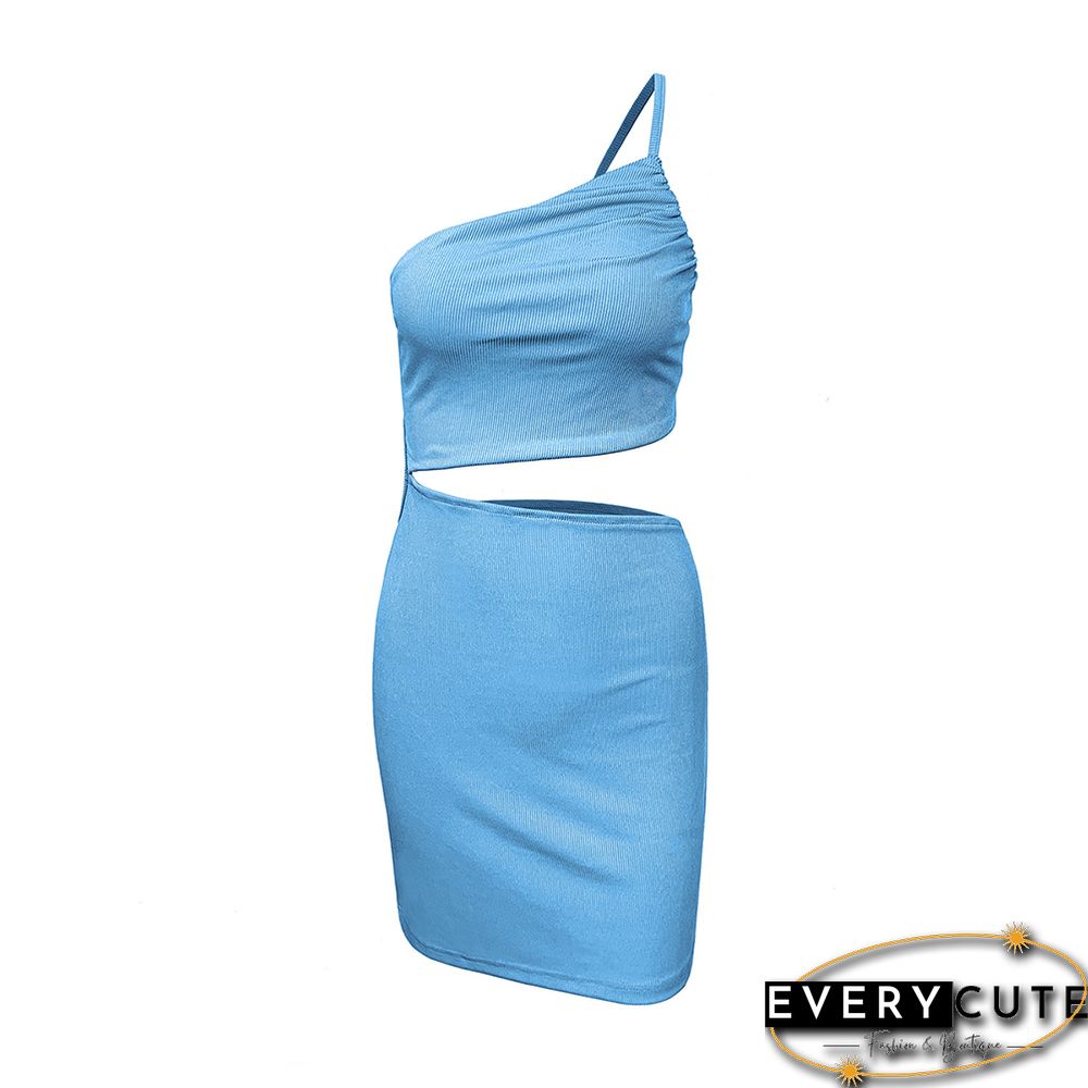 Light Blue Waist Cut-out Ribbed Mini Bodycon Dress