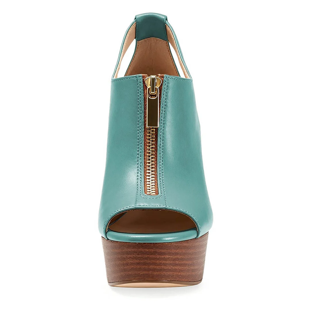 Teal Peep Toe Platform Women's Heel Sandals with Front Zipper