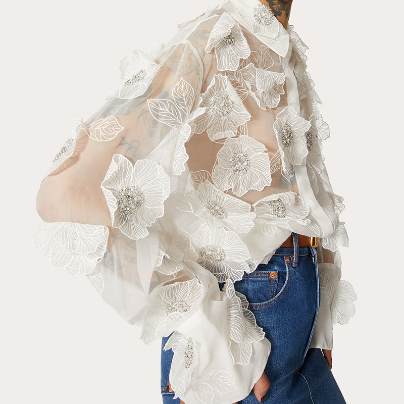 Personalized Embroidery Sequins Patchwork See-Through Shirt