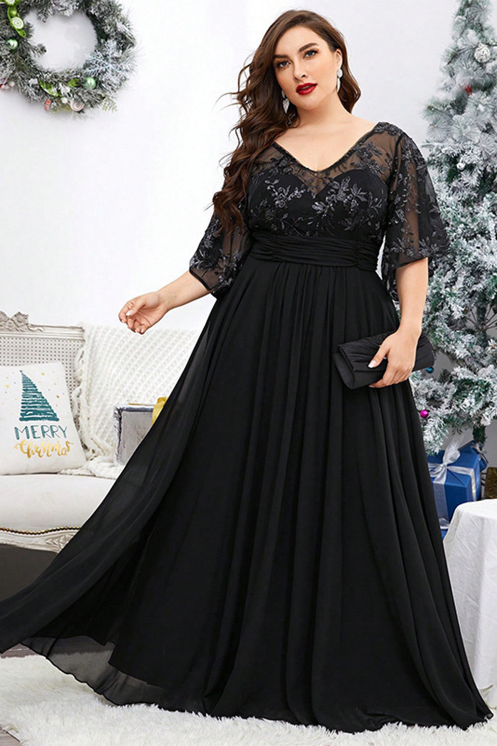 Plus Size Prom Black Sequin Mesh Flutter Sleeve Maxi Dress 2024 - Flycurvy 