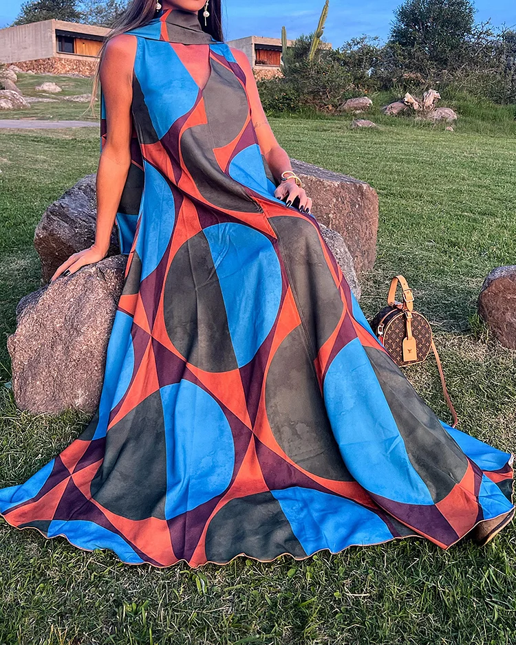 Geometric Print V-neck Dress