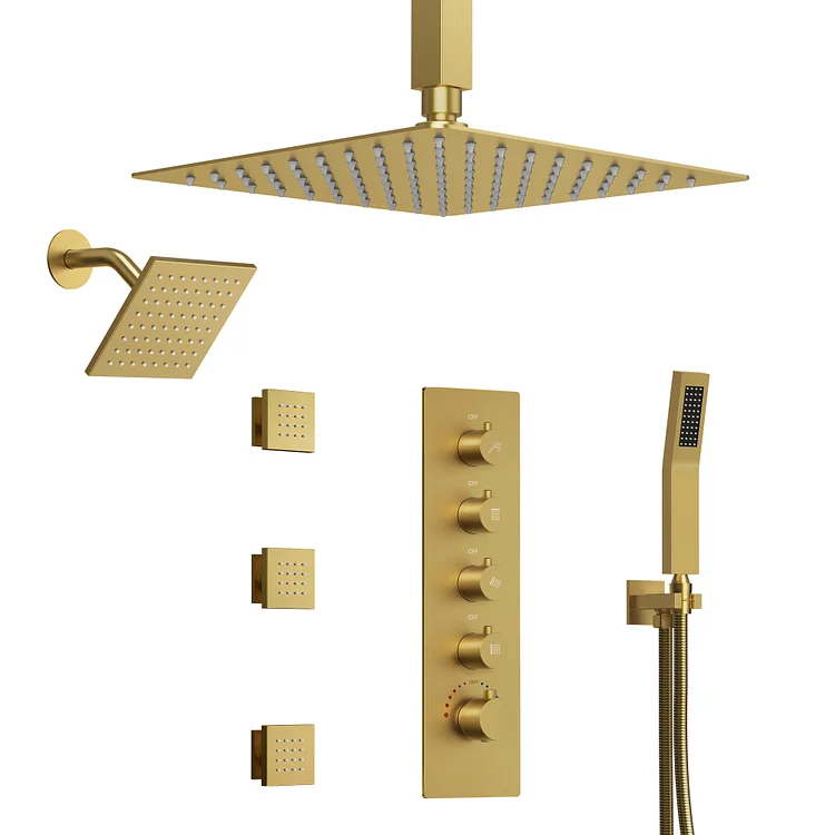 EVERSTEIN 4-in-1 Dual Shower Head Thermostatic Shower System Brushed Gold, 16 In.