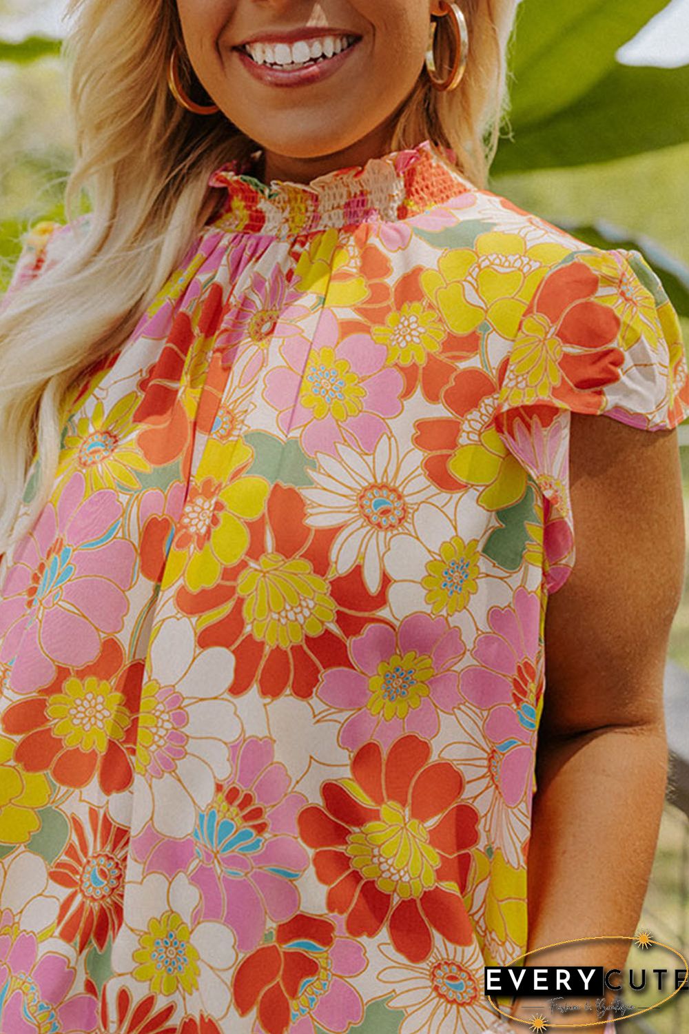 Multicolor Plus Size Mock Neck Ruffle Sleeve Floral Blouse