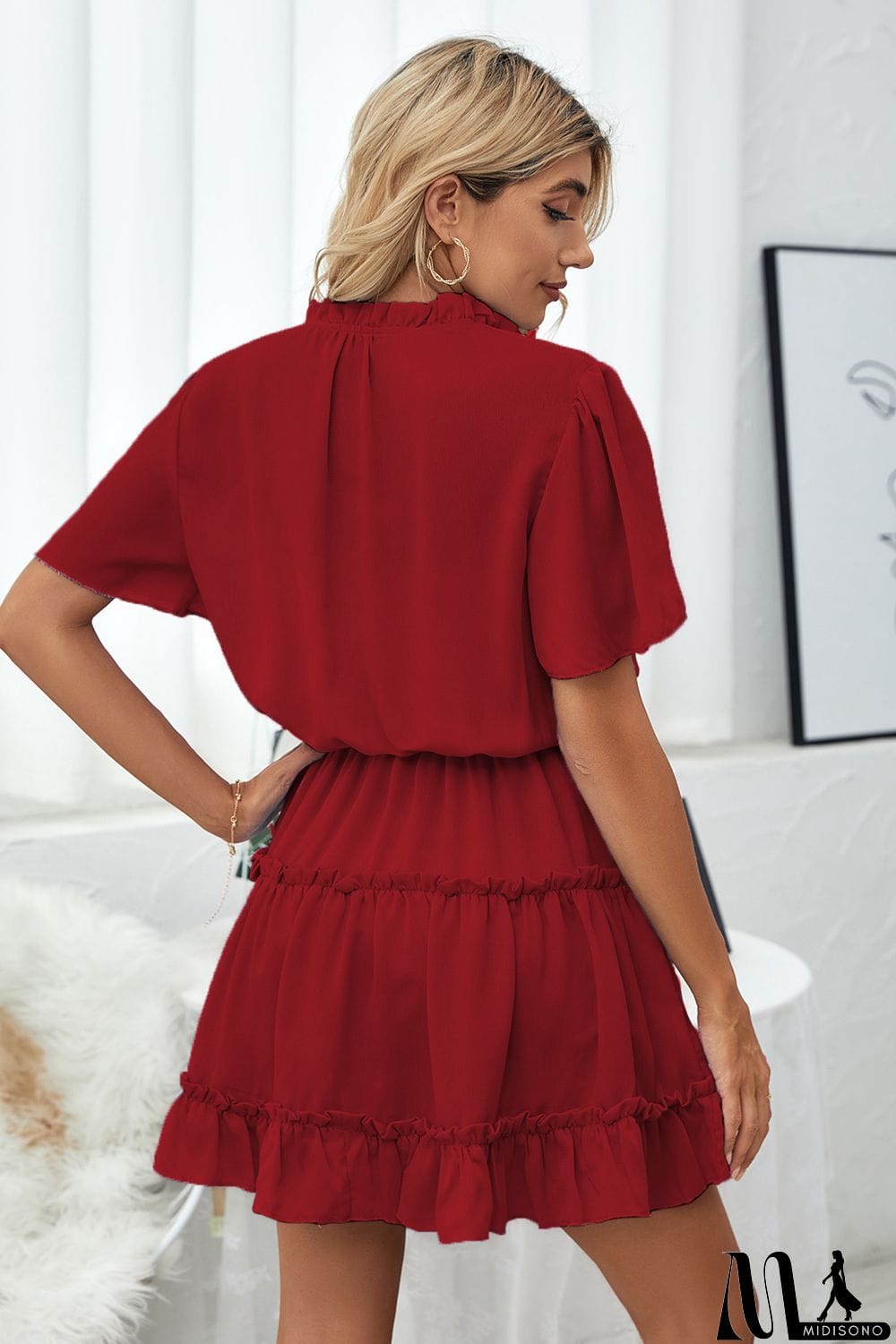 MidiSono - Tie Neck Frill Trim Short Sleeve Mini Dress