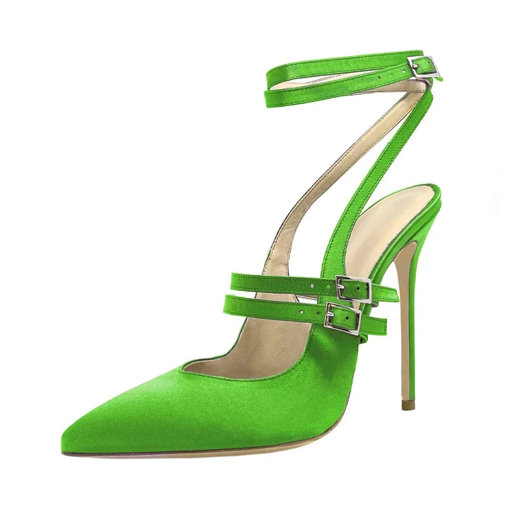 Green Satin Multiple Strap Buckle Pumps Shoes with Stiletto Heel